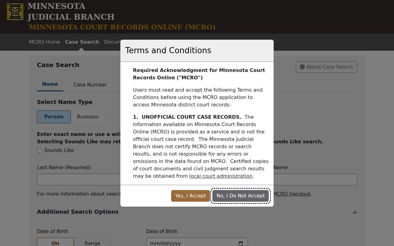 Crow Wing County docket search MCRO case search tabs