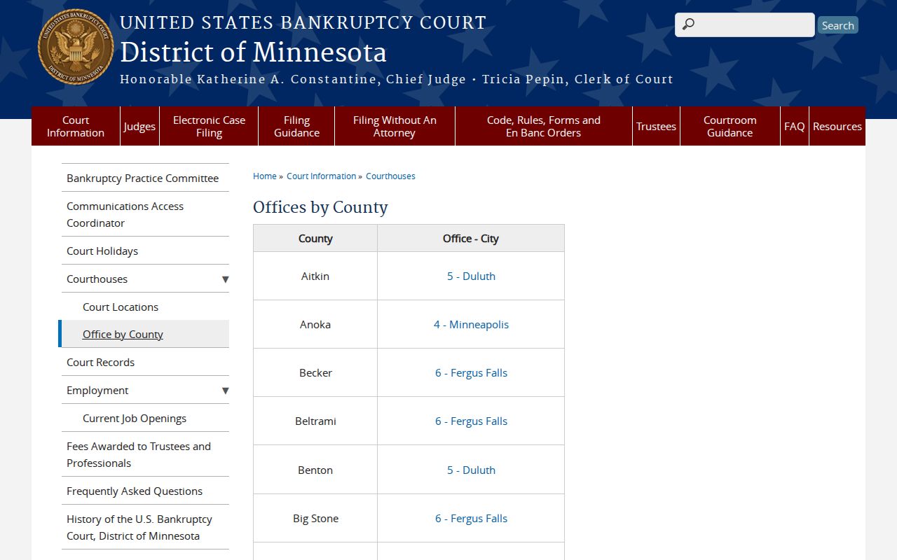 Crow Wing County civil docket federal bankruptcy office assignment