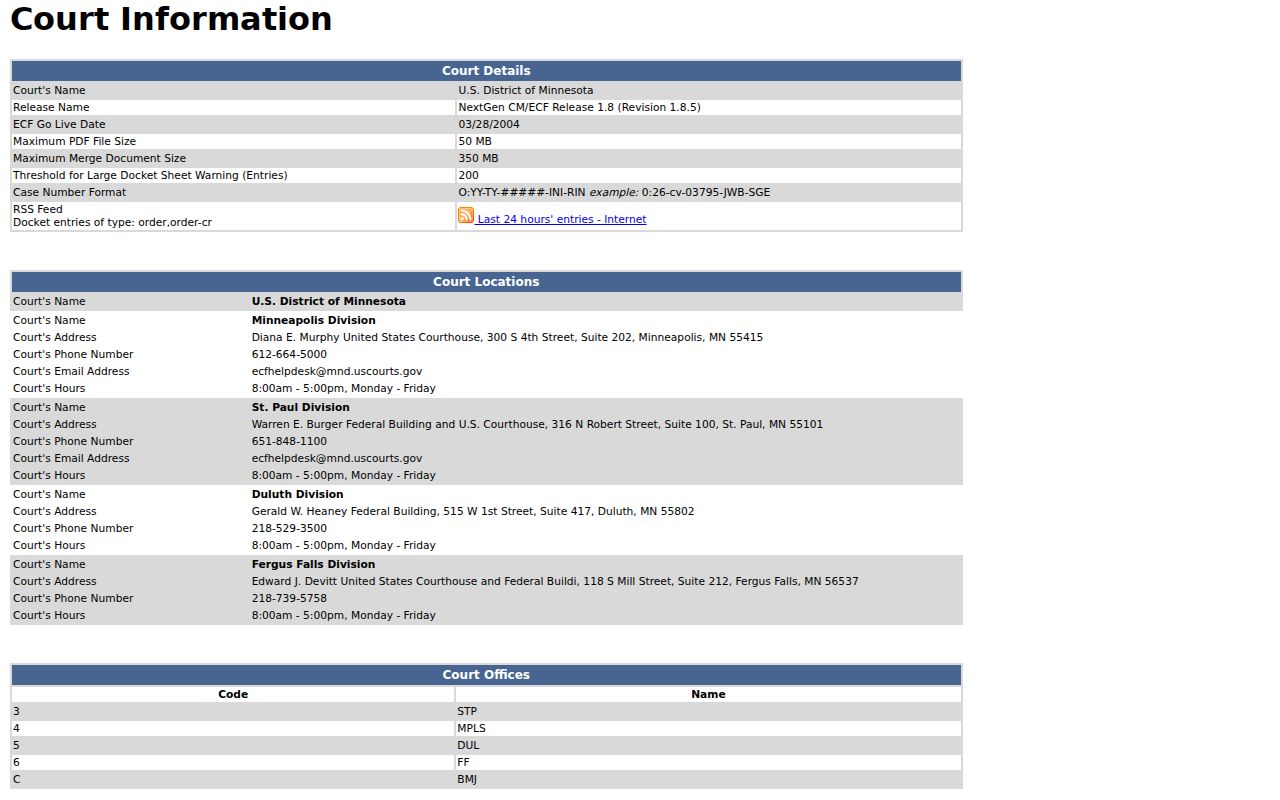 Crow Wing County civil docket District of Minnesota CM ECF CourtInfo