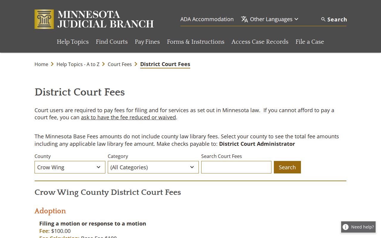 Crow Wing court record certification and copy fee schedule