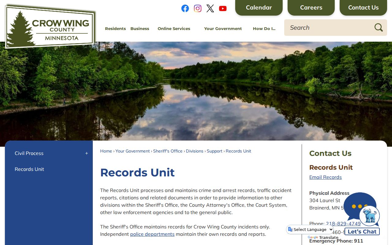 Crow Wing County criminal docket Sheriff Records Unit request information