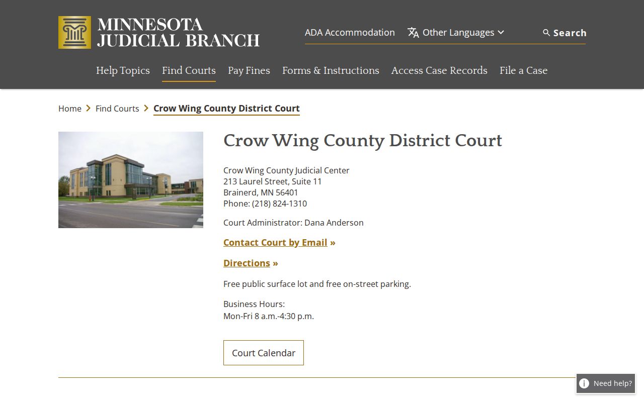 Crow Wing County court docket District Court location information